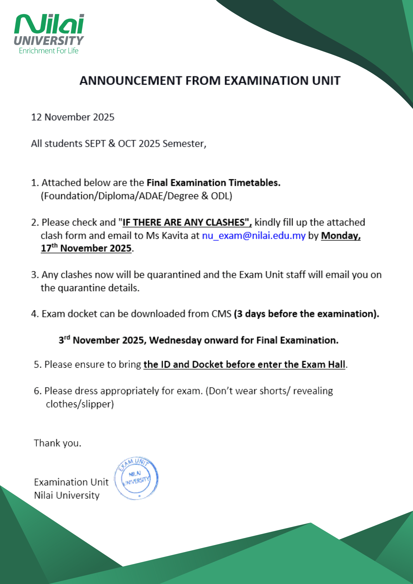 Announcement Final Examination Timetables - SEPT & OCT 2025