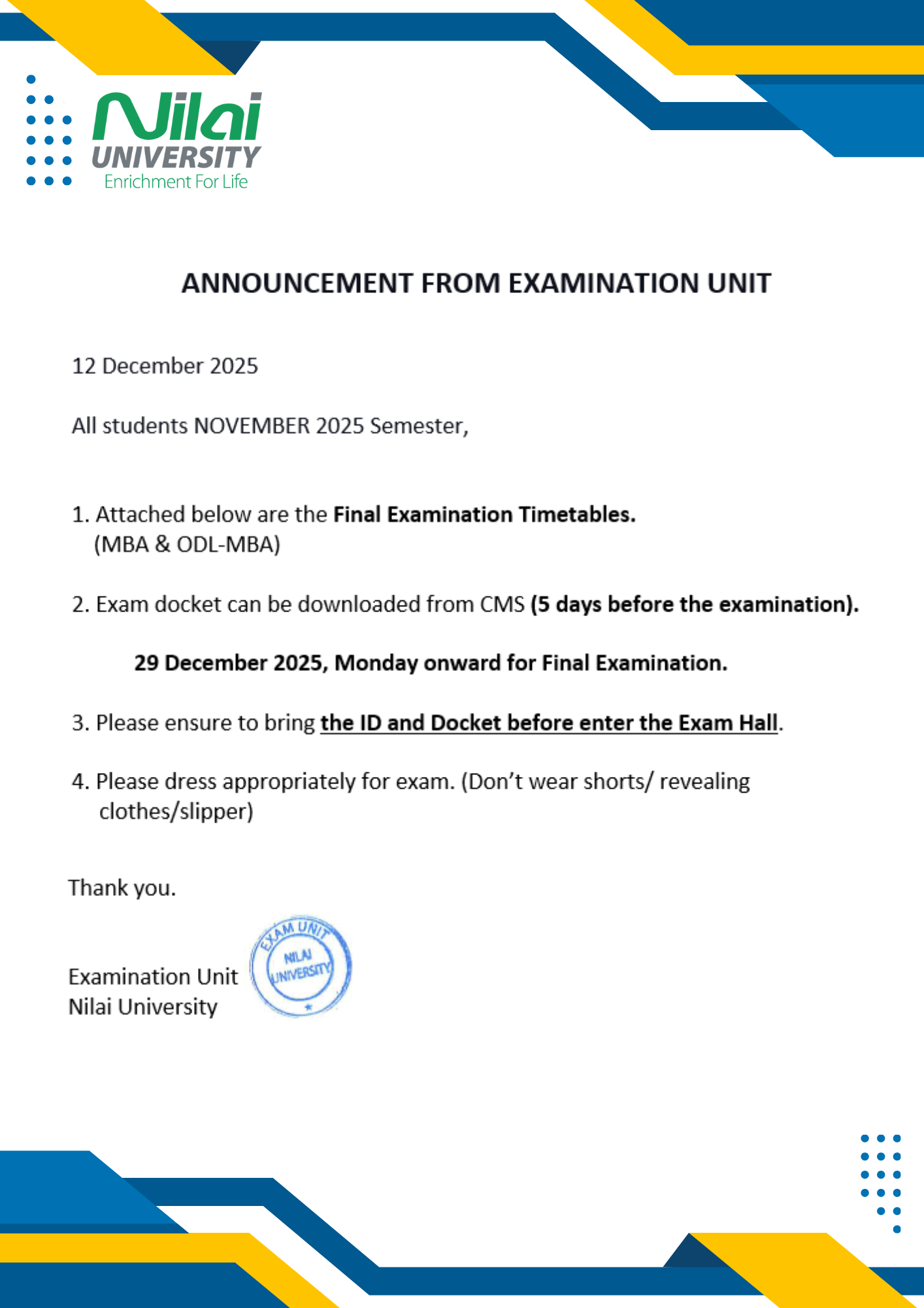 Announcement Final Examination Timetables - SEPT & OCT 2025