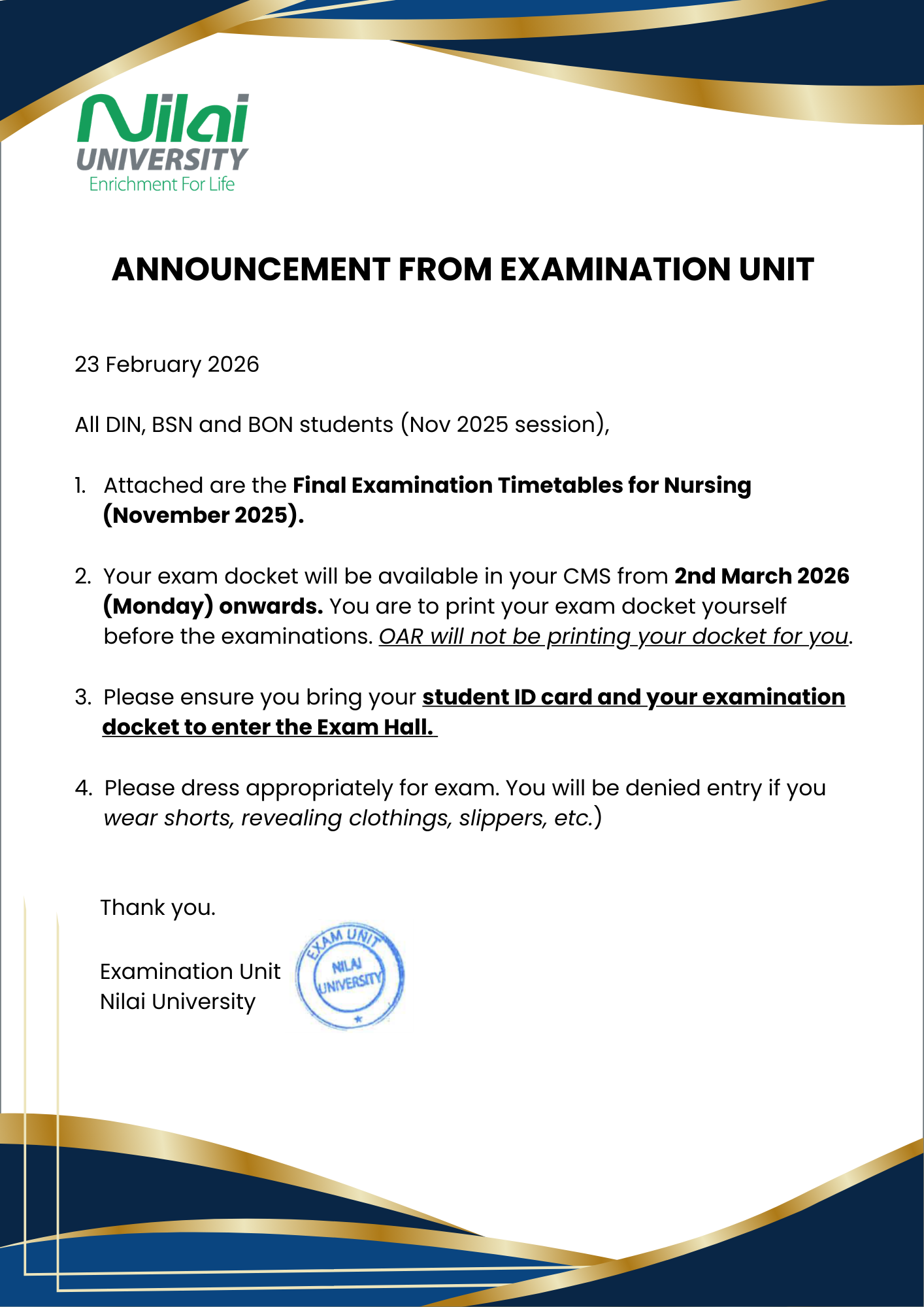 BSN FINAL EXAM TIME TABLE - SEPT 2025