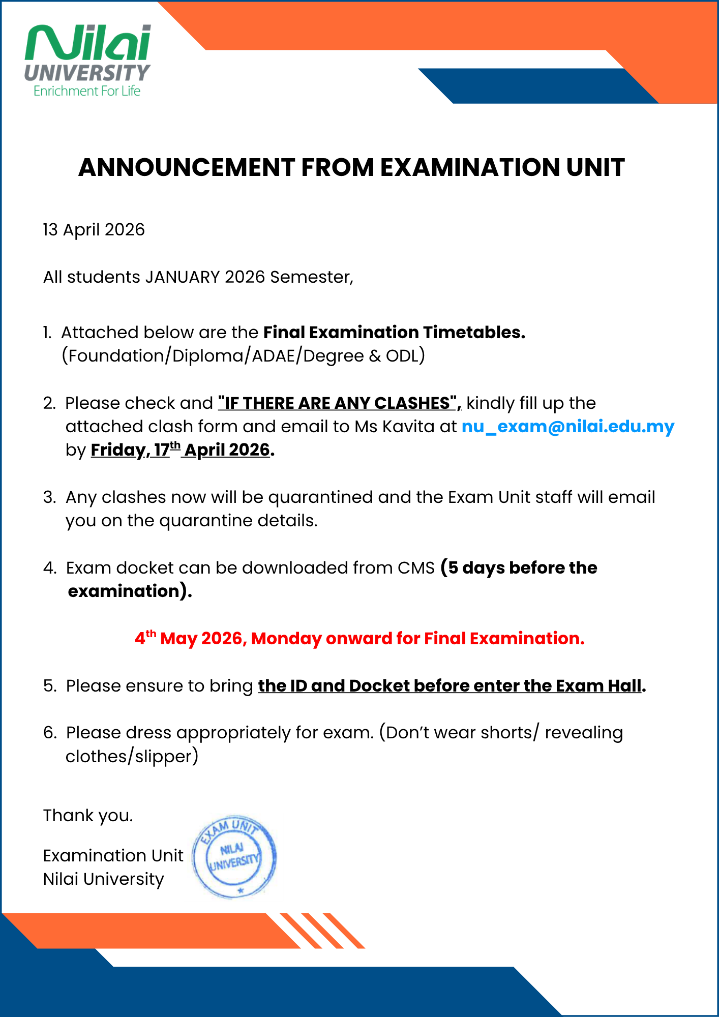 FINAL EXAM RESULT RELEASE - July Sept Oct 2025